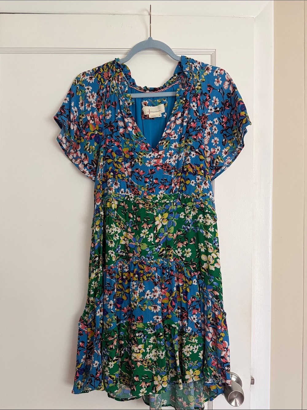 Anthropologie Blue and Green Floral Tiered V-Neck Mini Dress